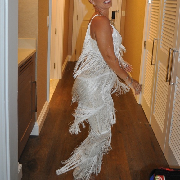 White/cream fitted fringe and crochet overlay jumpsuit - Picture 4 of 4